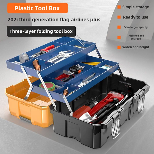 Small tool box, 14-inch plastic tool boxes with handle, removable tray with dual lock secured, red toolbox for home