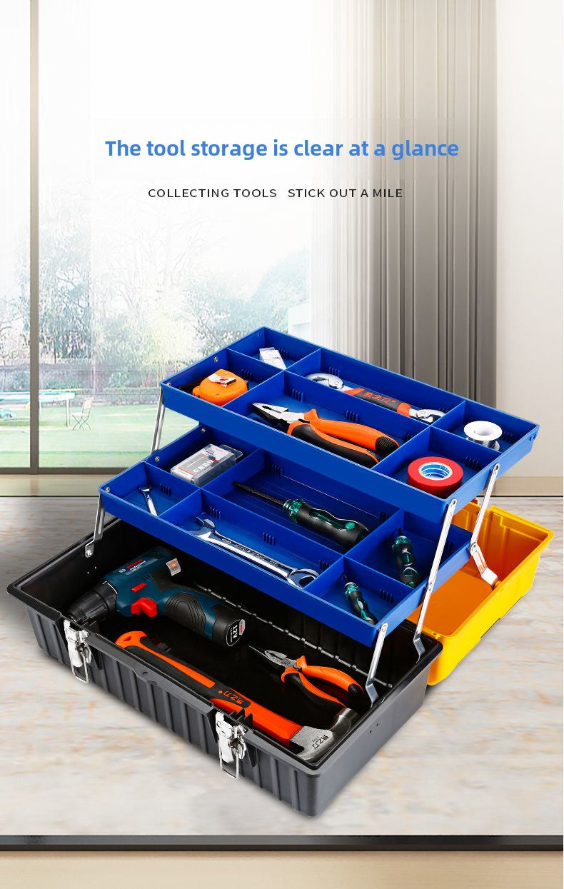 Small tool box, 14-inch plastic tool boxes with handle, removable tray with dual lock secured, red toolbox for home