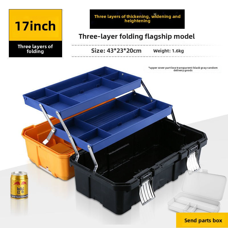 Small tool box, 14-inch plastic tool boxes with handle, removable tray with dual lock secured, red toolbox for home