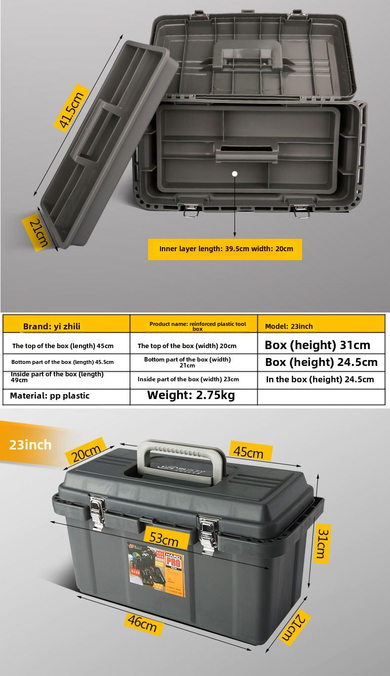Small tool box, 14-inch plastic tool boxes with handle, removable tray with dual lock secured, red toolbox for home