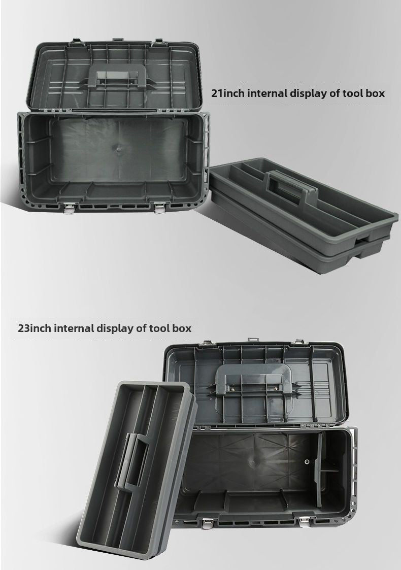 Small tool box, 14-inch plastic tool boxes with handle, removable tray with dual lock secured, red toolbox for home