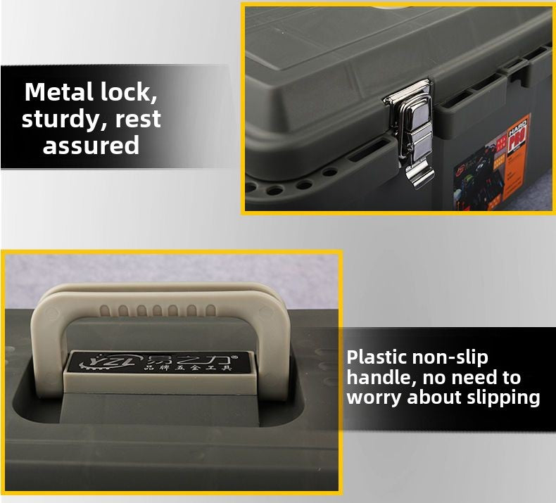 Small tool box, 14-inch plastic tool boxes with handle, removable tray with dual lock secured, red toolbox for home