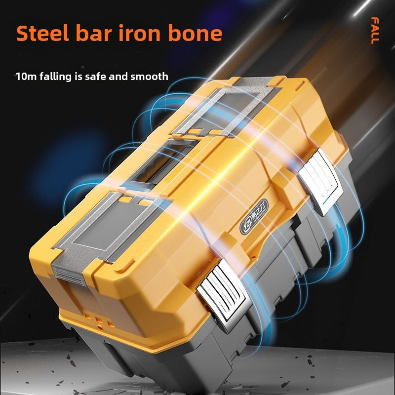 Small tool box, 14-inch plastic tool boxes with handle, removable tray with dual lock secured, red toolbox for home