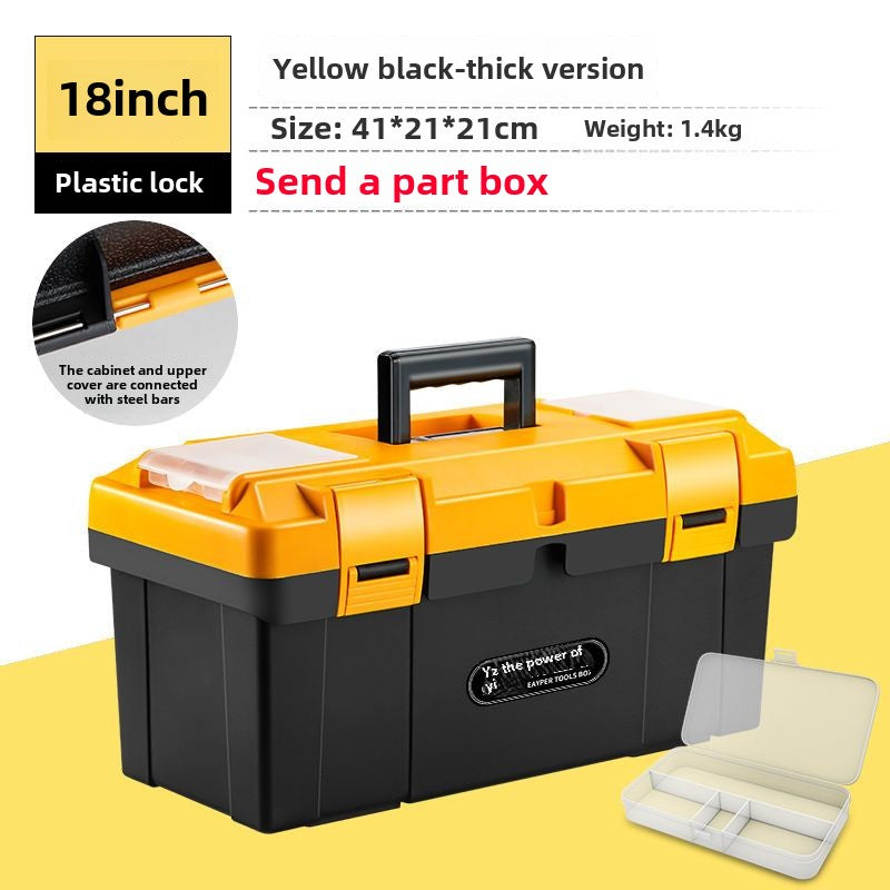 Small tool box, 14-inch plastic tool boxes with handle, removable tray with dual lock secured, red toolbox for home