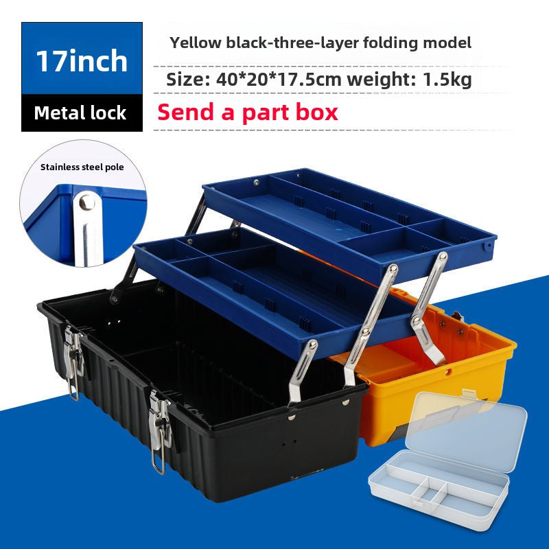 Small tool box, 14-inch plastic tool boxes with handle, removable tray with dual lock secured, red toolbox for home