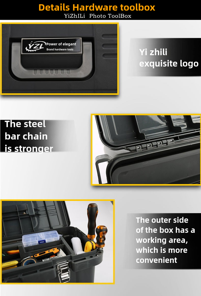 Small tool box, 14-inch plastic tool boxes with handle, removable tray with dual lock secured, red toolbox for home