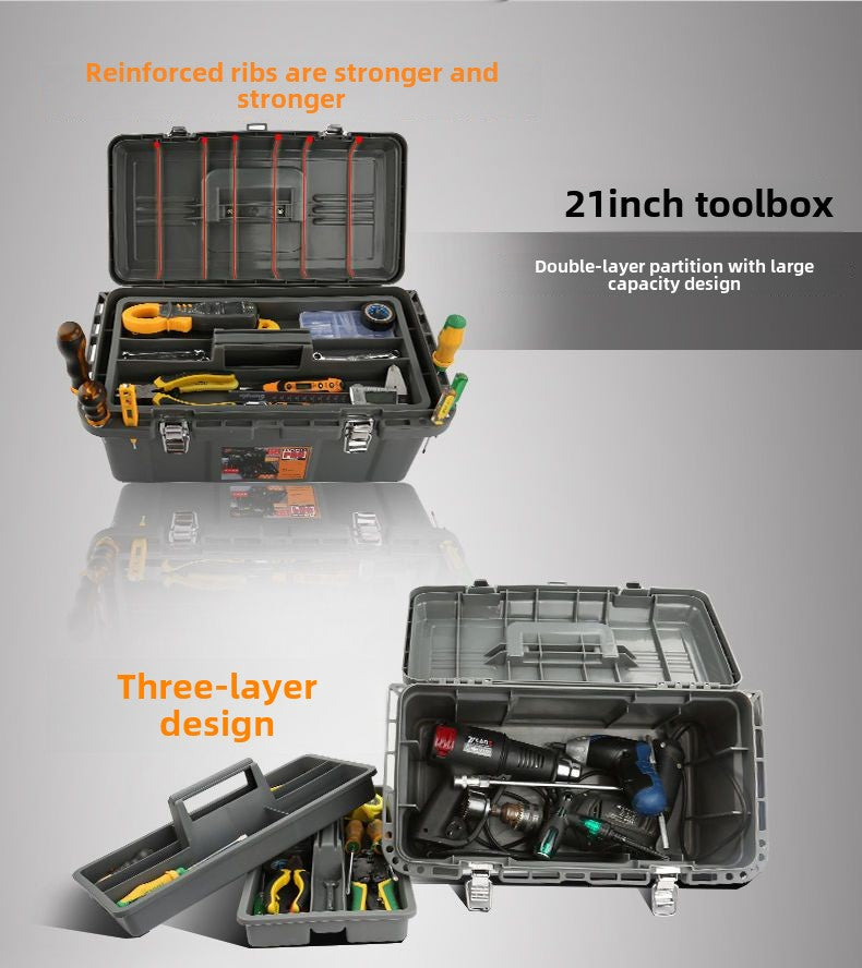 Small tool box, 14-inch plastic tool boxes with handle, removable tray with dual lock secured, red toolbox for home