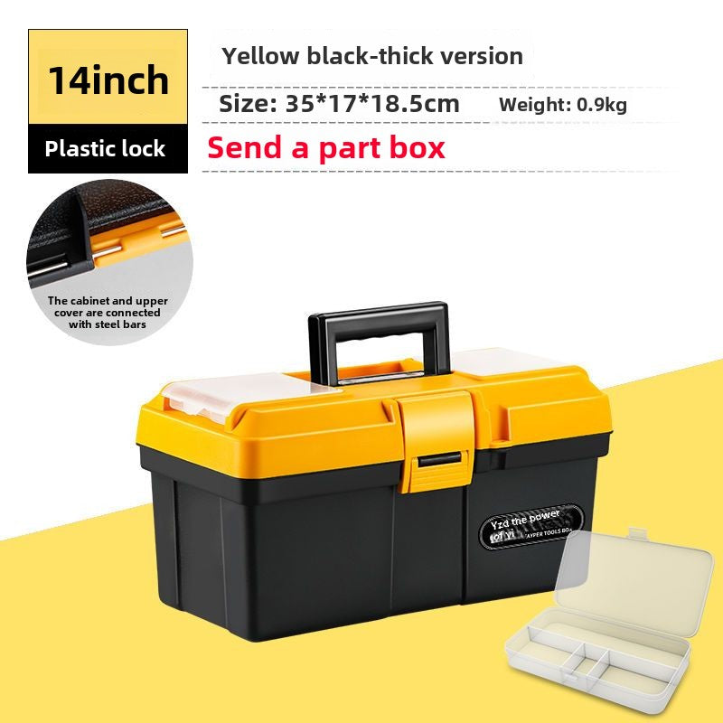 Small tool box, 14-inch plastic tool boxes with handle, removable tray with dual lock secured, red toolbox for home