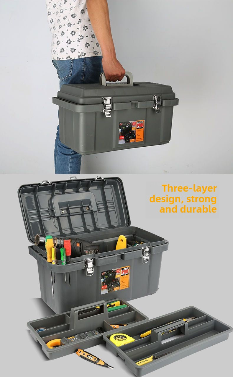 Small tool box, 14-inch plastic tool boxes with handle, removable tray with dual lock secured, red toolbox for home
