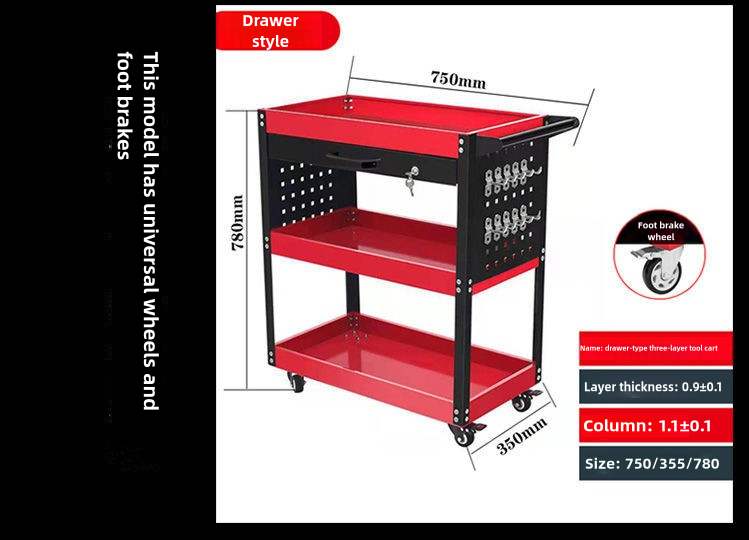 Auto Dynasty 3-Layer Steel Service Cart Max Capacity 220 lbs with Wheels for Warehouse, Garage and Office Supports, Red