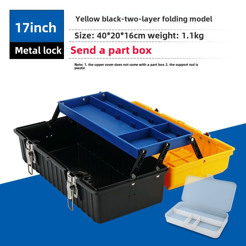 Small tool box, 14-inch plastic tool boxes with handle, removable tray with dual lock secured, red toolbox for home