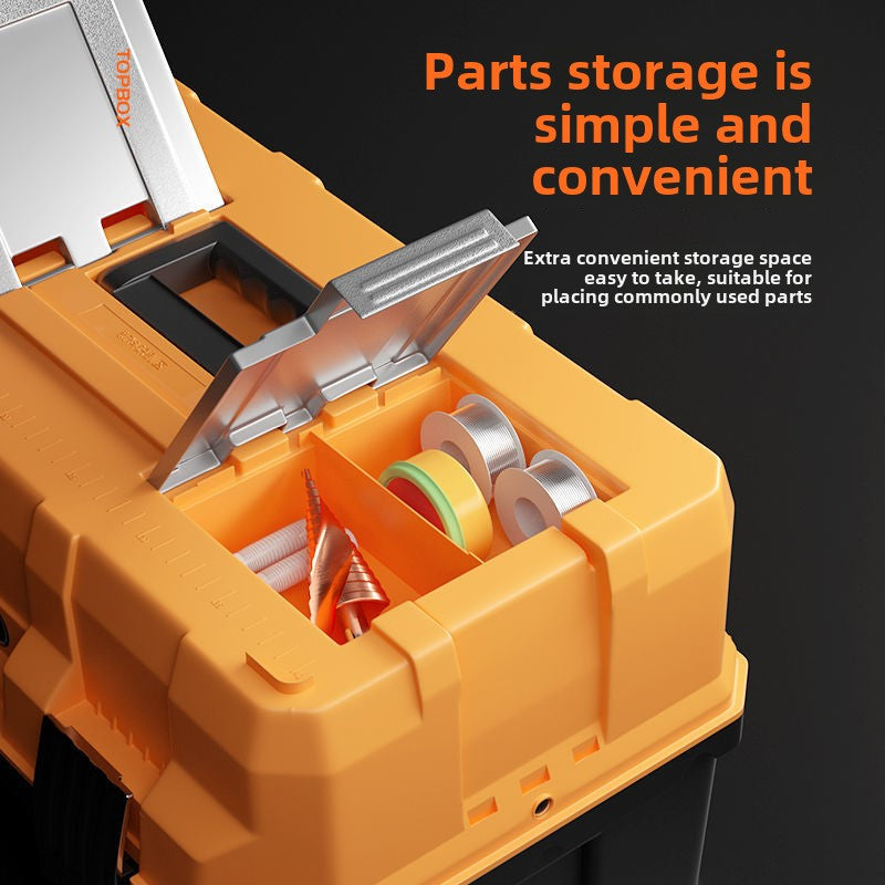 Small tool box, 14-inch plastic tool boxes with handle, removable tray with dual lock secured, red toolbox for home