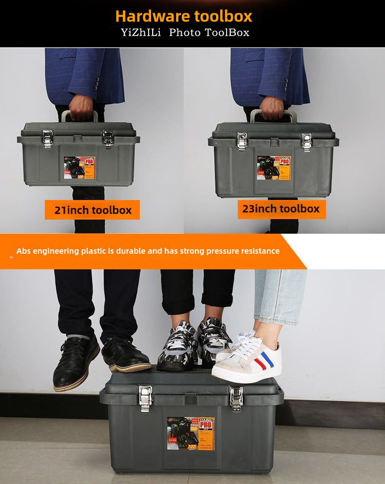 Small tool box, 14-inch plastic tool boxes with handle, removable tray with dual lock secured, red toolbox for home